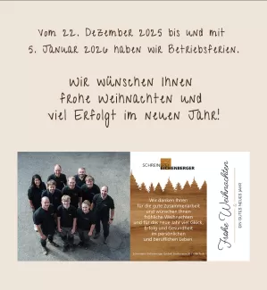 Gerne – hier ist ein längerer, gut strukturierter Alternativtext, der sich sehr gut für Barrierefreiheit auf der Homepage eignet:  Langer Alt-Text:  Beiger Hintergrund mit handschriftlich wirkendem Text zur Weihnachtszeit. Oben steht die Information, dass vom 22. Dezember 2025 bis einschliesslich 5. Januar 2026 Betriebsferien sind. Darunter folgt ein Weihnachtsgruss mit den Worten „Wir wünschen Ihnen frohe Weihnachten und viel Erfolg im neuen Jahr“. Im unteren Bereich ist ein rechteckiges Bild platziert: li
