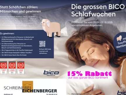 Werbebild für die „grossen BICO Schlafwochen“ mit einer schlafenden Frau in einem hellen Bett. Der Text informiert über eine Aktion vom 5. September bis 31. Oktober 2025 mit 15 % Rabatt auf das gesamte BICO-Sortiment. Zusätzlich wird ein Trauffer-Wettbewerb beworben. Unten ist das Logo der Schreinerei Eichenberger mit Kontaktangaben und das BICO-Logo zu sehen.