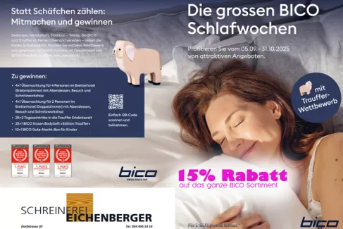Werbebild für die „grossen BICO Schlafwochen“ mit einer schlafenden Frau in einem hellen Bett. Der Text informiert über eine Aktion vom 5. September bis 31. Oktober 2025 mit 15 % Rabatt auf das gesamte BICO-Sortiment. Zusätzlich wird ein Trauffer-Wettbewerb beworben. Unten ist das Logo der Schreinerei Eichenberger mit Kontaktangaben und das BICO-Logo zu sehen.