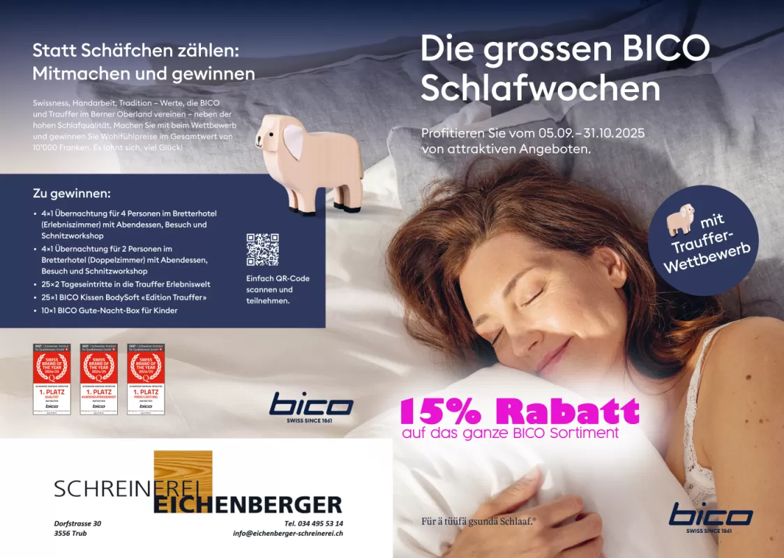 Werbebild für die „grossen BICO Schlafwochen“ mit einer schlafenden Frau in einem hellen Bett. Der Text informiert über eine Aktion vom 5. September bis 31. Oktober 2025 mit 15 % Rabatt auf das gesamte BICO-Sortiment. Zusätzlich wird ein Trauffer-Wettbewerb beworben. Unten ist das Logo der Schreinerei Eichenberger mit Kontaktangaben und das BICO-Logo zu sehen.
