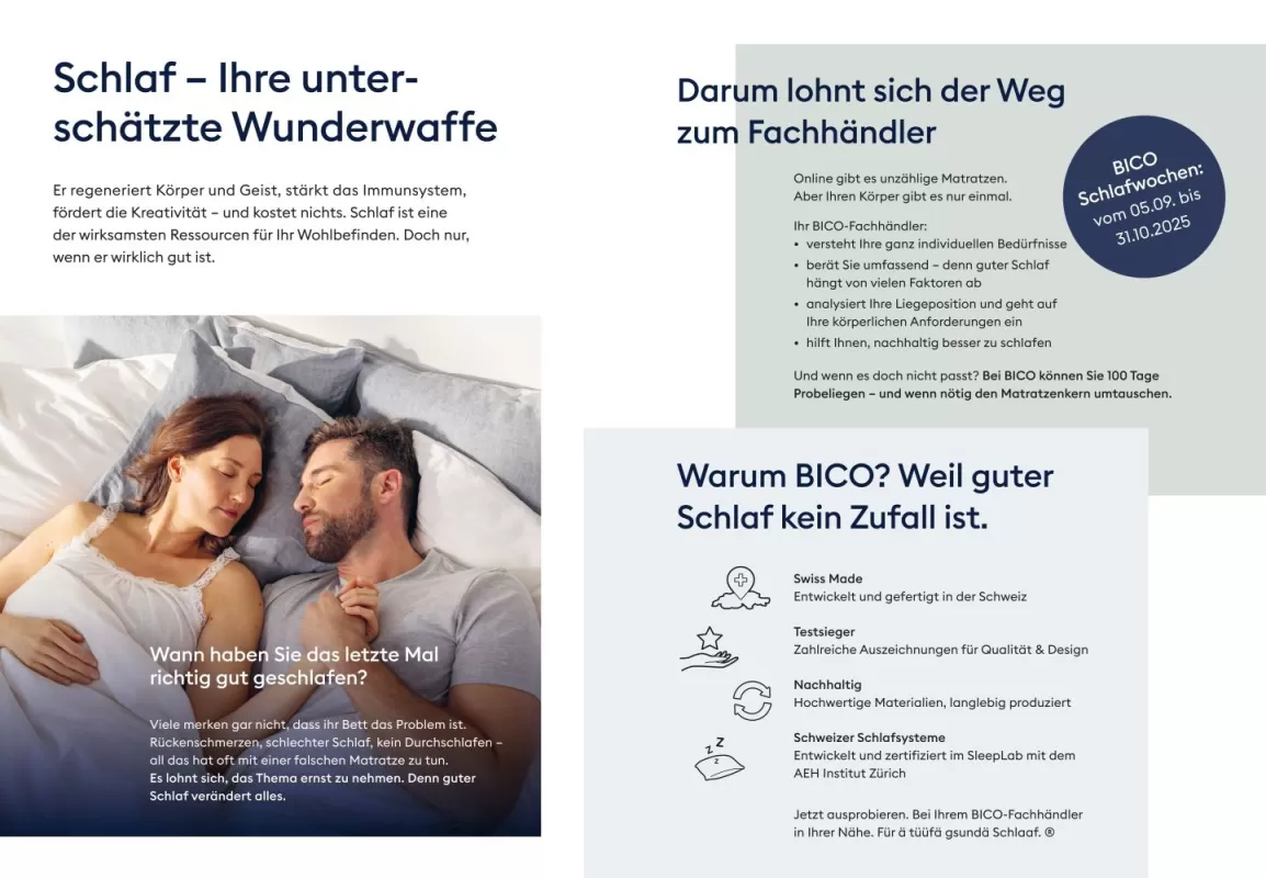 Informationsseite über gesunden Schlaf und die Vorteile von BICO-Matratzen. Links oben schlafen eine Frau und ein Mann friedlich nebeneinander im Bett. Daneben Textabschnitte mit Überschriften wie „Schlaf – Ihre unterschätzte Wunderwaffe“, „Darum lohnt sich der Weg zum Fachhändler“ und „Warum BICO? Weil guter Schlaf kein Zufall ist“. Es werden Themen wie Schlafqualität, Fachberatung, Nachhaltigkeit, Swiss Made und die BICO Schlafwochen vom 5. September bis 31. Oktober 2025 hervorgehoben.