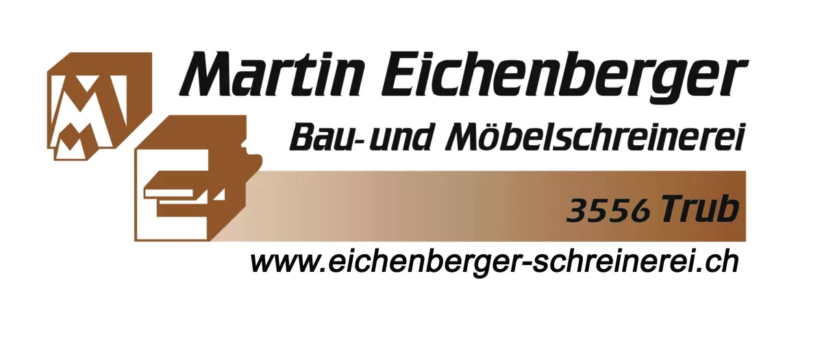 ChatGPT:  Hier ist ein passender Alternativtext für dieses Logo:  Alternativtext: Logo der Schreinerei Martin Eichenberger aus Trub. Links zwei stilisierte braune Würfelsymbole mit den Buchstaben „M“ und „E“, daneben der Schriftzug „Martin Eichenberger – Bau- und Möbelschreinerei, 3556 Trub“ sowie die Website-Adresse