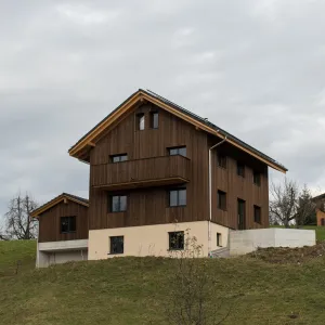 Neubau eines modernen Holzhauses am Hang mit dunkler Holzfassade, Balkon und grosser Fensterfront. Das Gebäude steht in ländlicher Umgebung mit Wiese und weiteren Häusern im Hintergrund unter bewölktem Himmel.